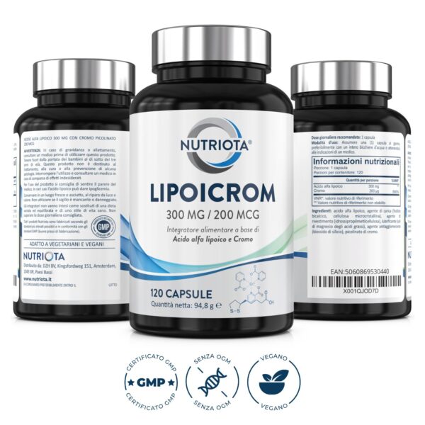 Acido alfa lipoico (ALA) 300 mg con cromo picolinato 200 mcg Lipoicrom Nutriota - 120 capsule - integratore alimentare - Image 2