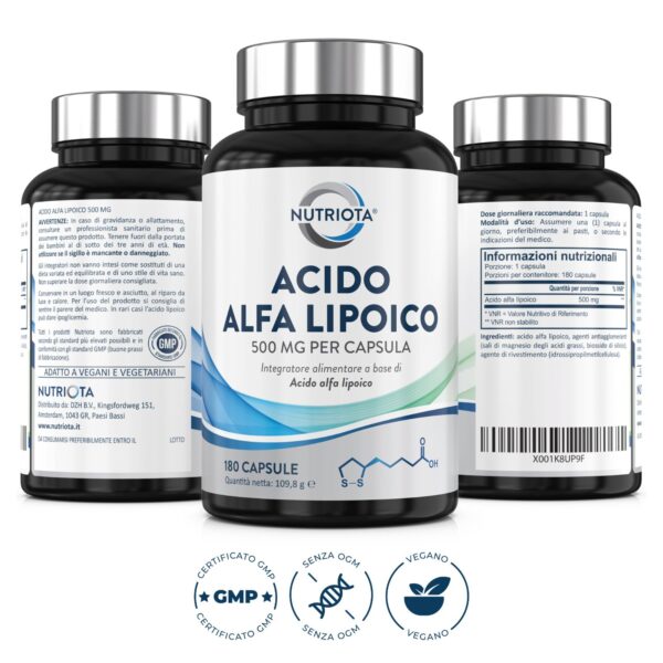 Acido alfa lipoico ALA 500 mg - 180 capsule - Adatto per vegani integratore alimentare - Prodotto da Nutriota - Image 2