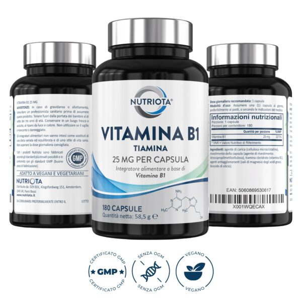 Vitamina B1 (tiamina), 25 mg per capsula, 180 capsule di vitamina B1 ad alto dosaggio, adatta ai vegani, integratore alimentare a base di tiamina – prodotto da Nutriota - Image 2