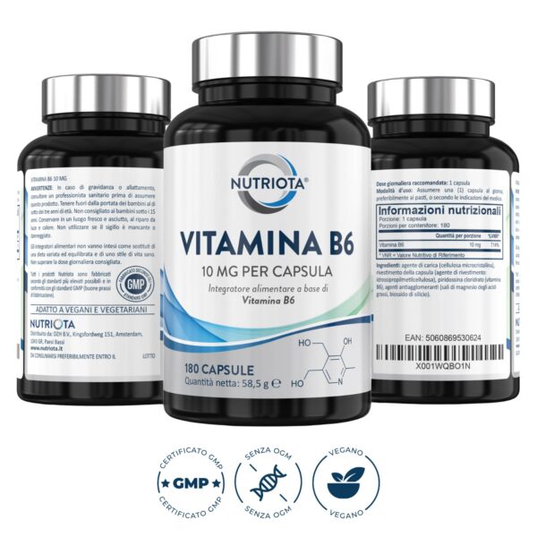 Vitamina B6 integratore alimentare - 10 mg per capsula - 180 capsule di vitamina B6 ad alto dosaggio - Adatto ai vegani - Prodotto da Nutriota - Image 2